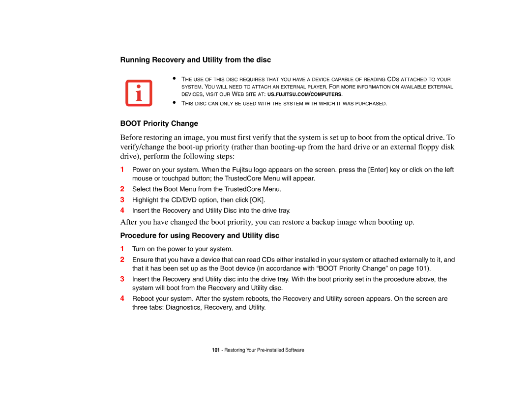 Fujitsu Siemens Computers B6230 notebook manual Running Recovery and Utility from the disc 