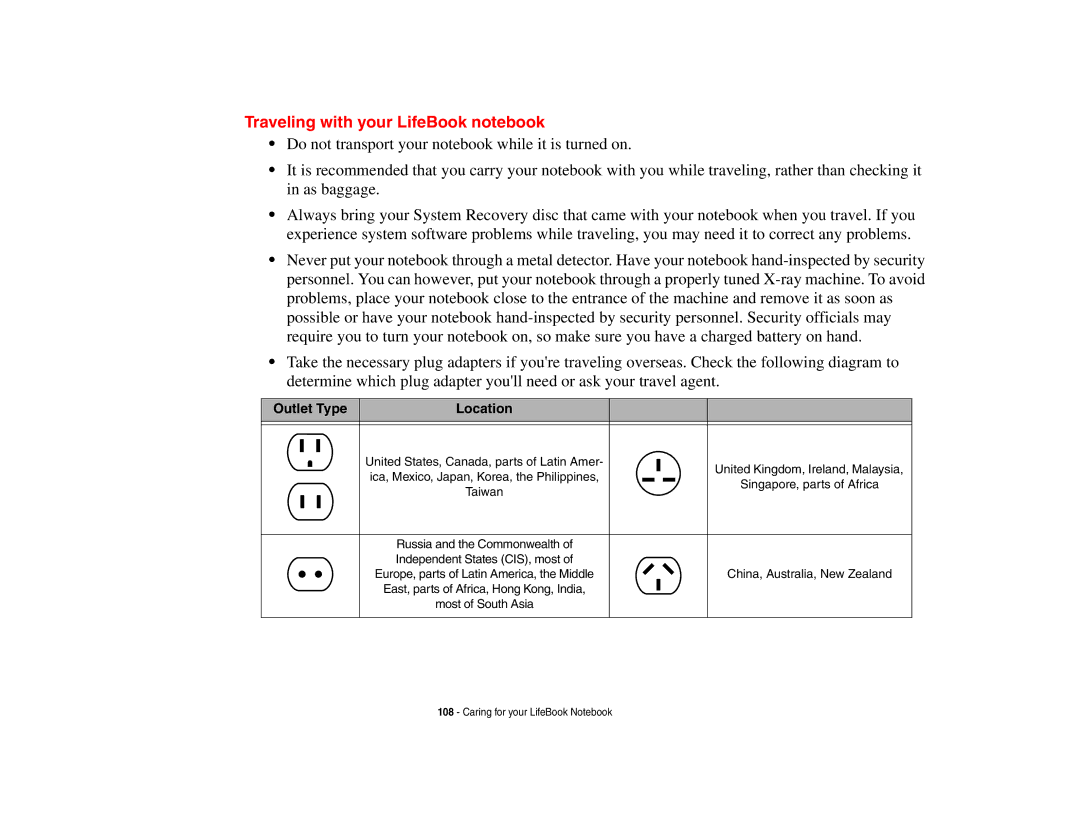 Fujitsu Siemens Computers B6230 notebook manual Traveling with your LifeBook notebook, Outlet Type Location 