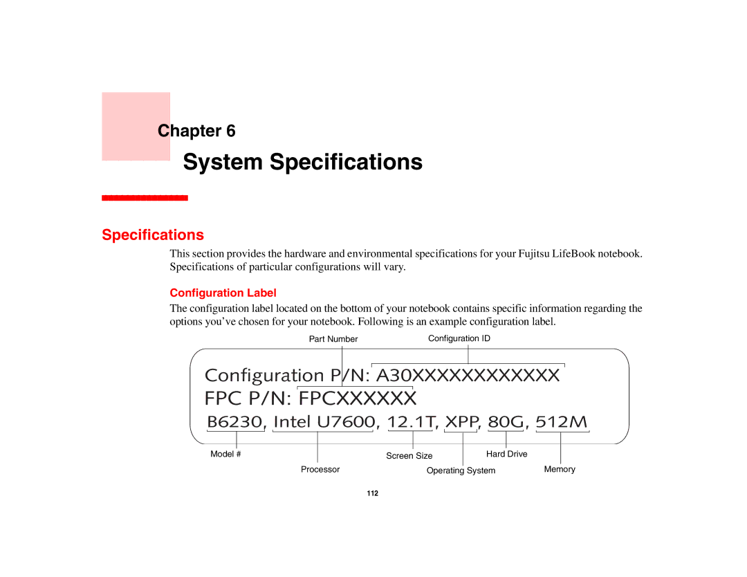 Fujitsu Siemens Computers B6230 notebook manual System Specifications, Configuration Label 