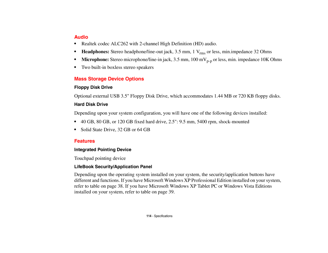 Fujitsu Siemens Computers B6230 notebook manual Audio, Mass Storage Device Options, Features 