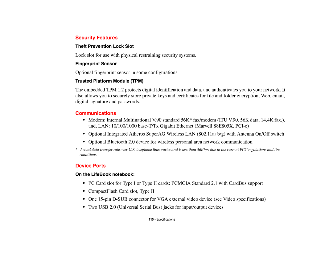 Fujitsu Siemens Computers B6230 notebook manual Security Features, Communications, Device Ports 