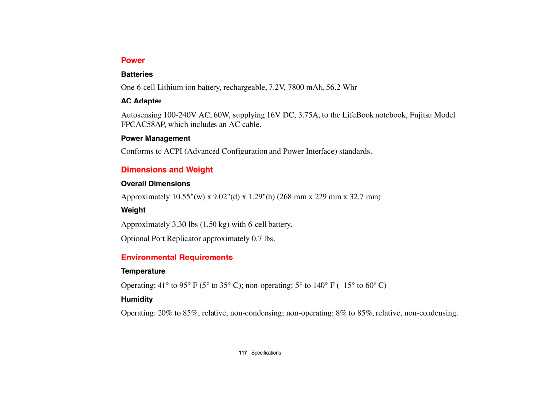 Fujitsu Siemens Computers B6230 notebook manual Power, Dimensions and Weight, Environmental Requirements 