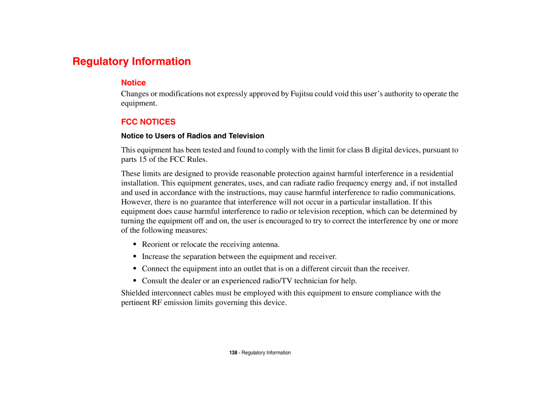 Fujitsu Siemens Computers B6230 notebook manual Regulatory Information, FCC Notices 