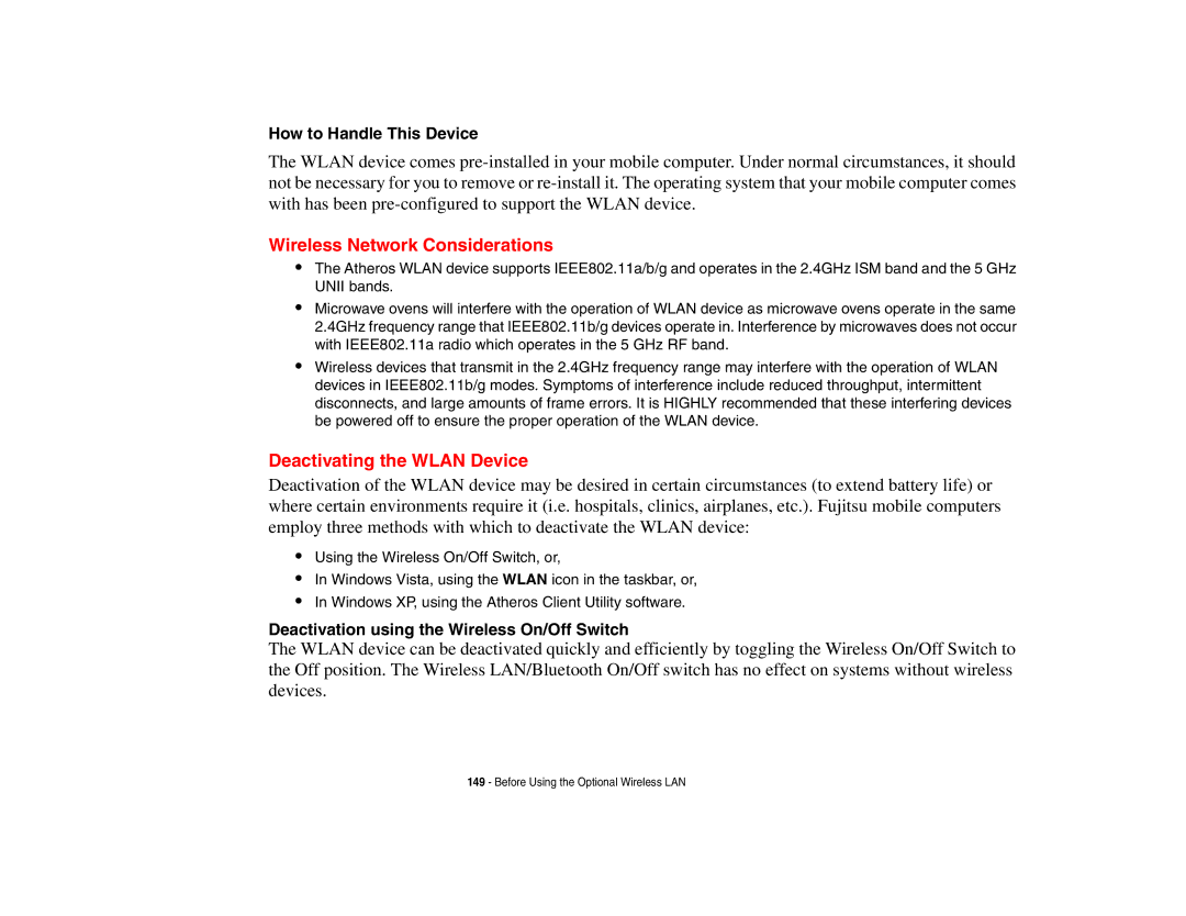 Fujitsu Siemens Computers B6230 notebook manual Wireless Network Considerations, Deactivating the Wlan Device 