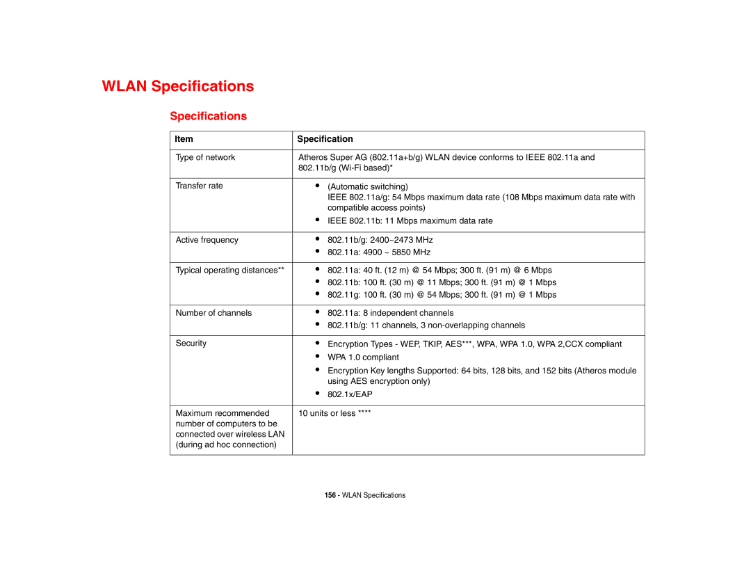 Fujitsu Siemens Computers B6230 notebook manual Wlan Specifications 