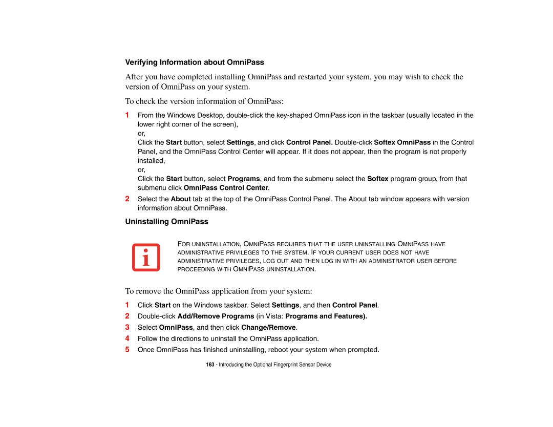 Fujitsu Siemens Computers B6230 notebook manual To remove the OmniPass application from your system 