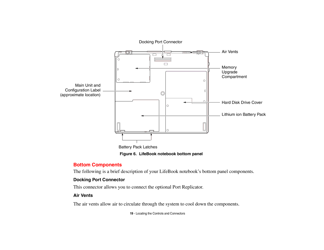 Fujitsu Siemens Computers B6230 notebook manual Bottom Components, LifeBook notebook bottom panel 