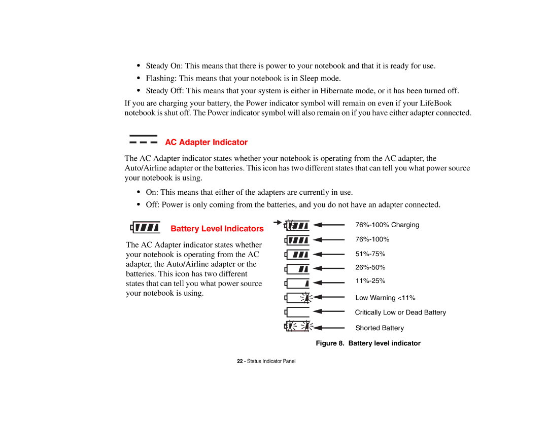 Fujitsu Siemens Computers B6230 notebook manual AC Adapter Indicator, Battery Level Indicators 