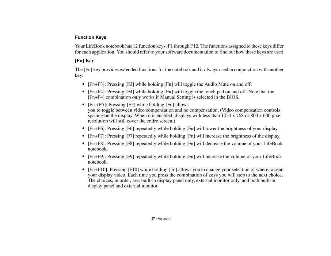 Fujitsu Siemens Computers B6230 notebook manual Fn Key 