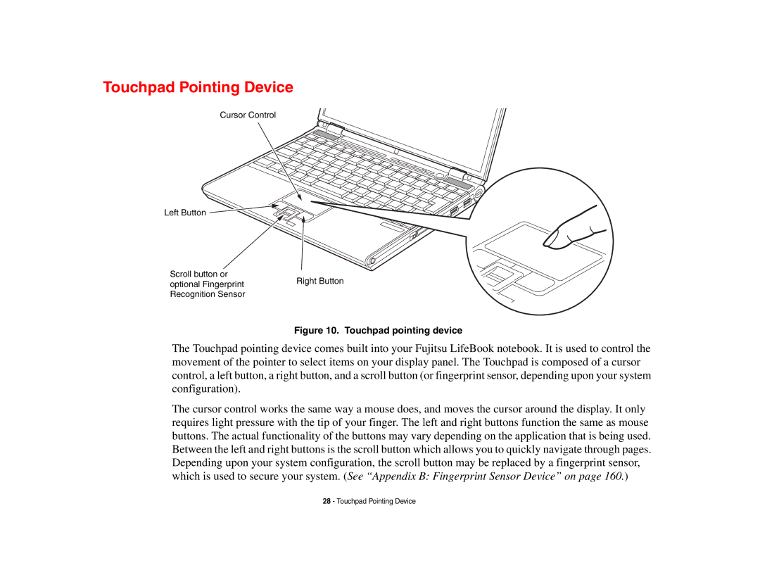 Fujitsu Siemens Computers B6230 notebook manual Touchpad Pointing Device, Touchpad pointing device 