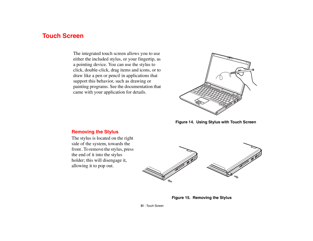 Fujitsu Siemens Computers B6230 notebook manual Touch Screen, Removing the Stylus 