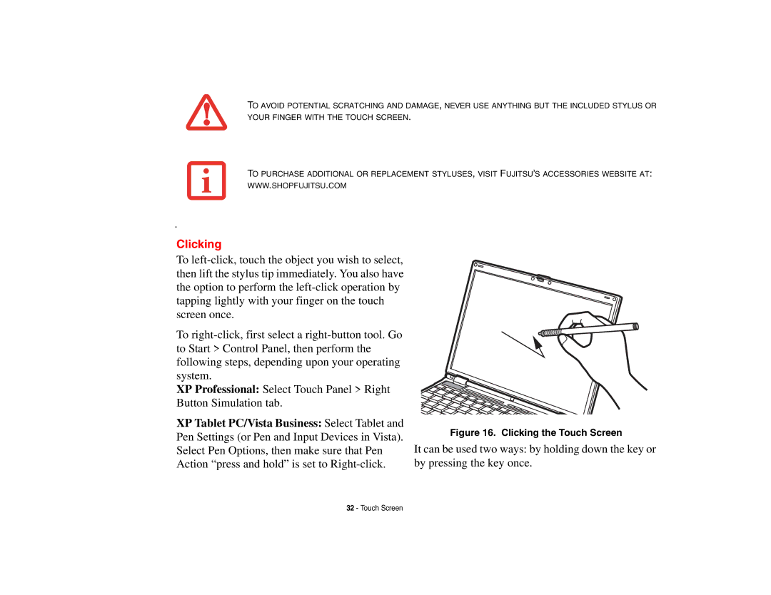 Fujitsu Siemens Computers B6230 notebook manual Clicking the Touch Screen 