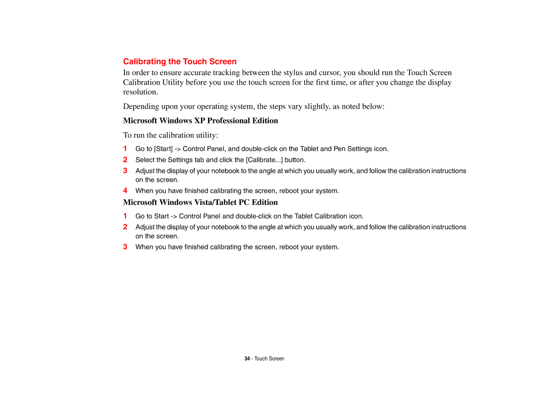 Fujitsu Siemens Computers B6230 notebook manual Calibrating the Touch Screen, Microsoft Windows XP Professional Edition 