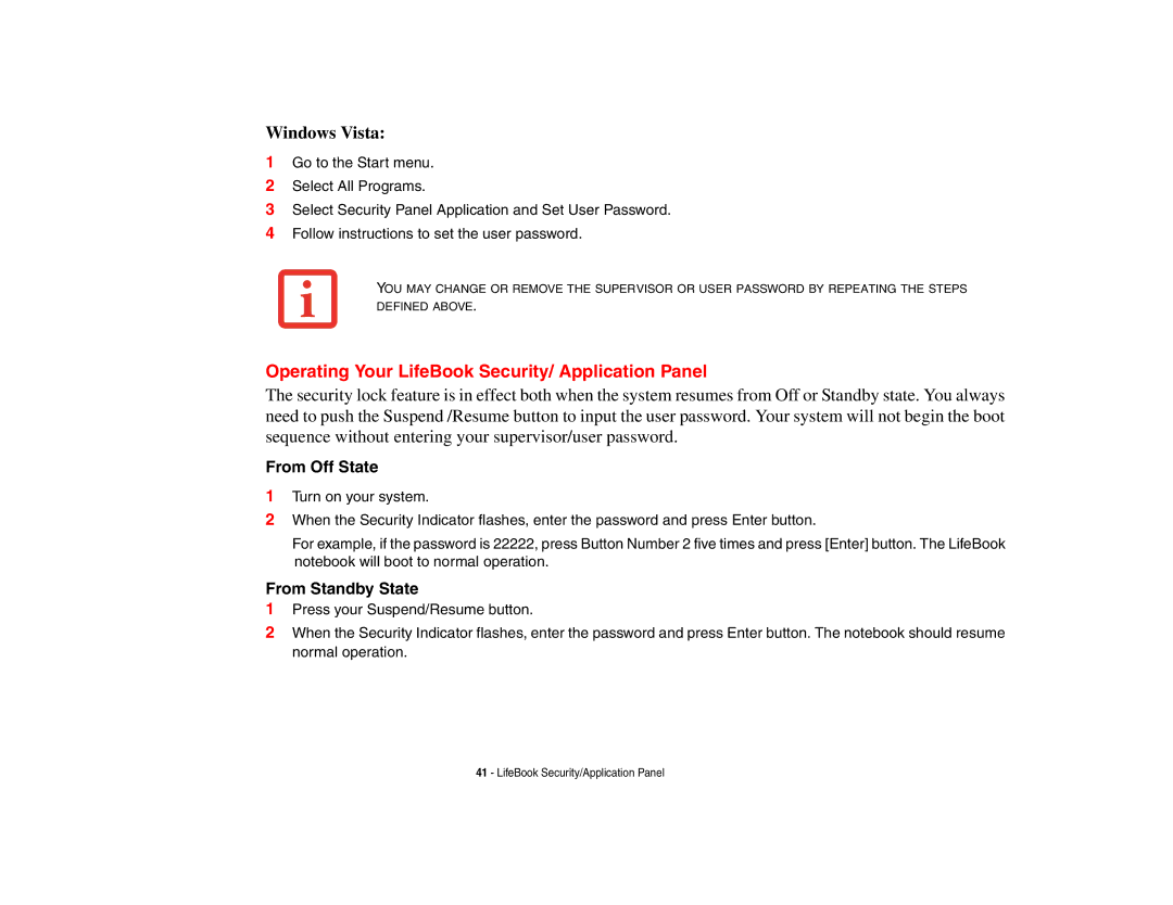 Fujitsu Siemens Computers B6230 notebook manual Operating Your LifeBook Security/ Application Panel, From Off State 