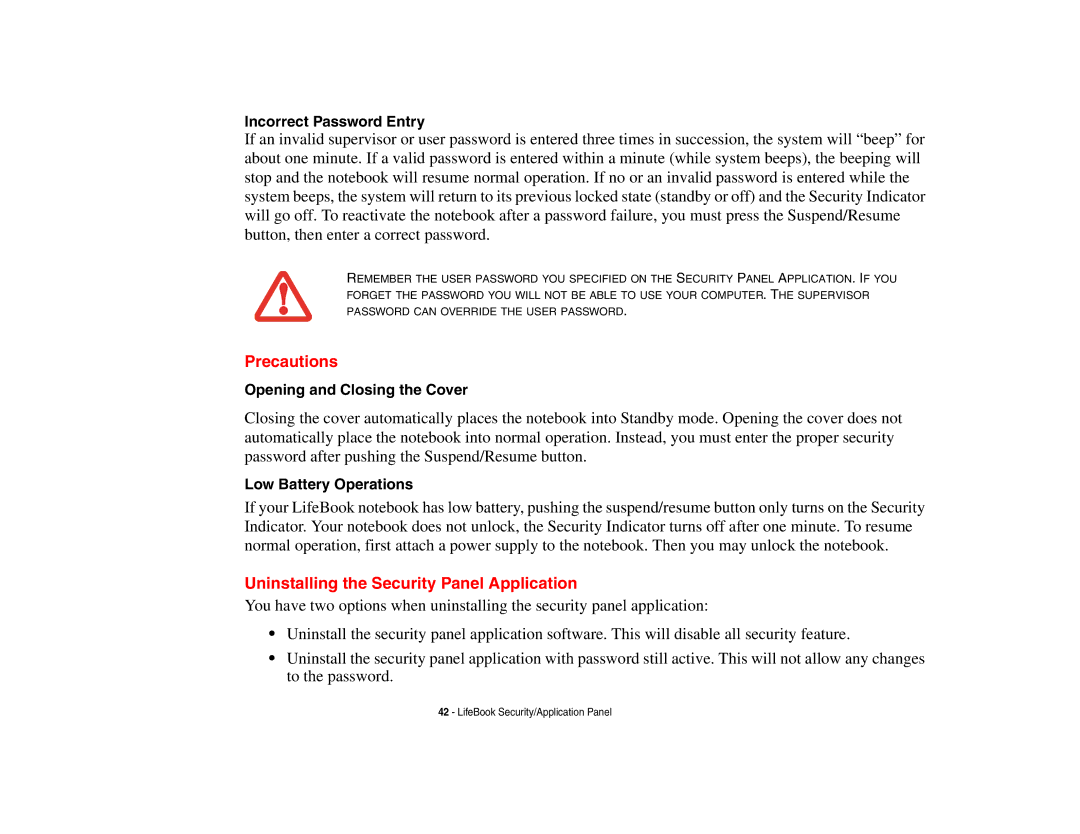 Fujitsu Siemens Computers B6230 notebook manual Precautions, Uninstalling the Security Panel Application 