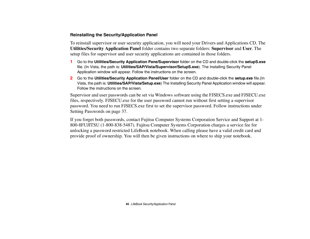 Fujitsu Siemens Computers B6230 notebook manual Reinstalling the Security/Application Panel 