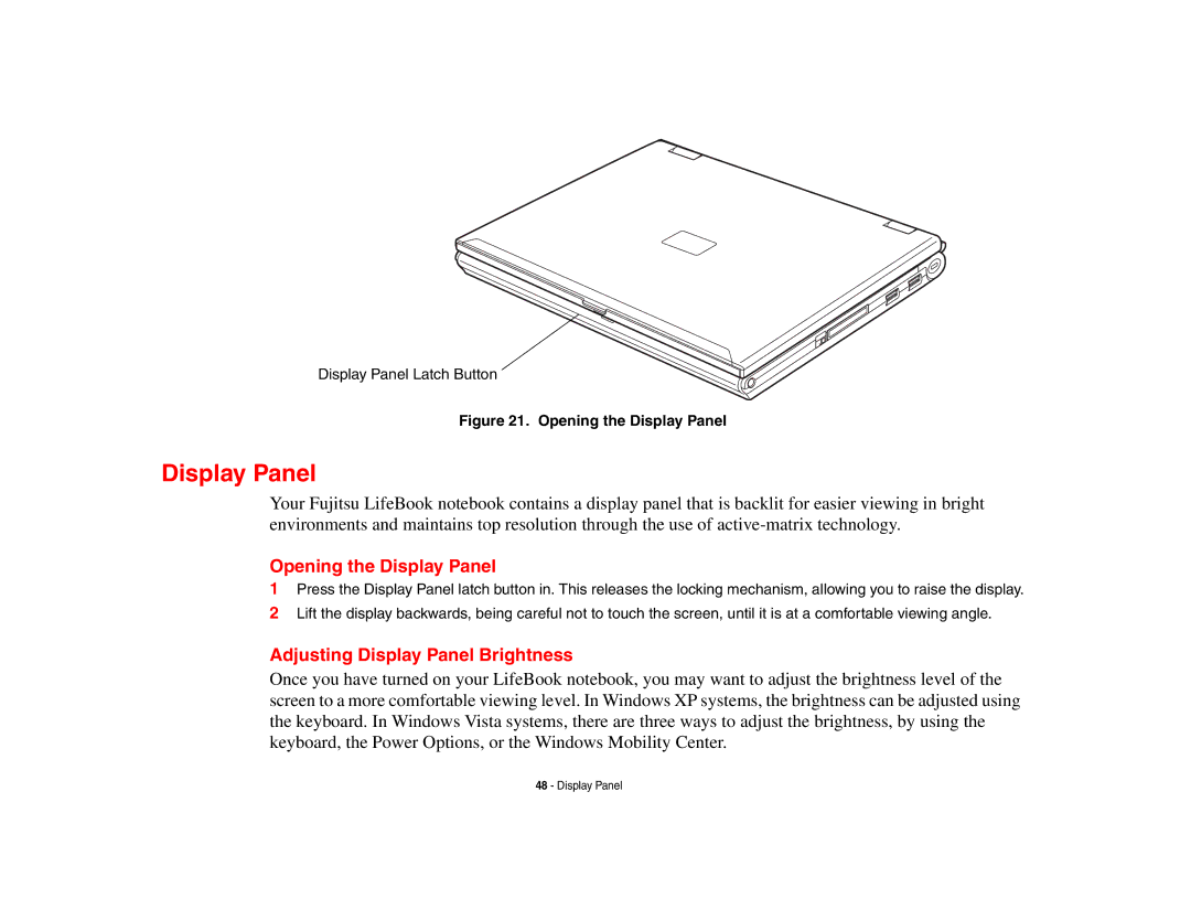 Fujitsu Siemens Computers B6230 notebook manual Opening the Display Panel, Adjusting Display Panel Brightness 