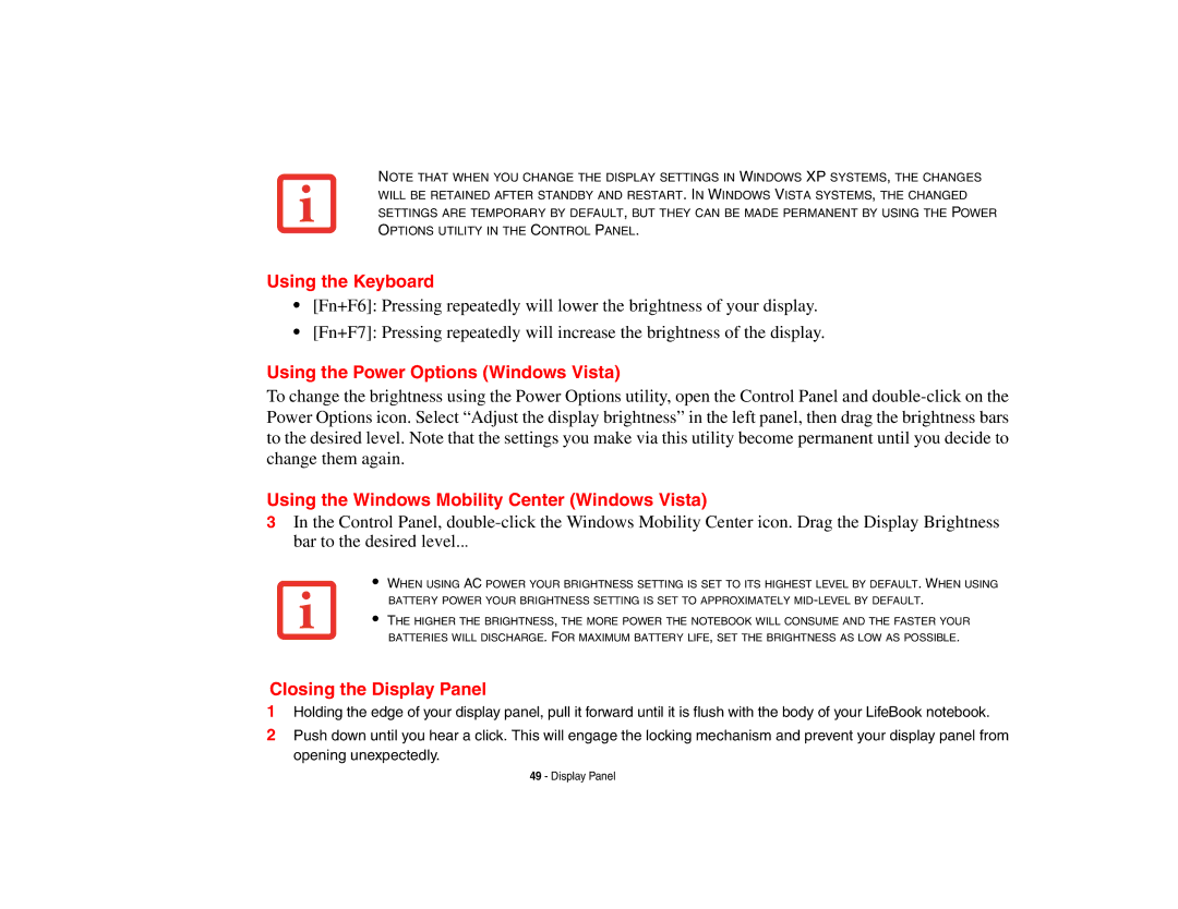 Fujitsu Siemens Computers B6230 notebook manual Using the Power Options Windows Vista, Closing the Display Panel 