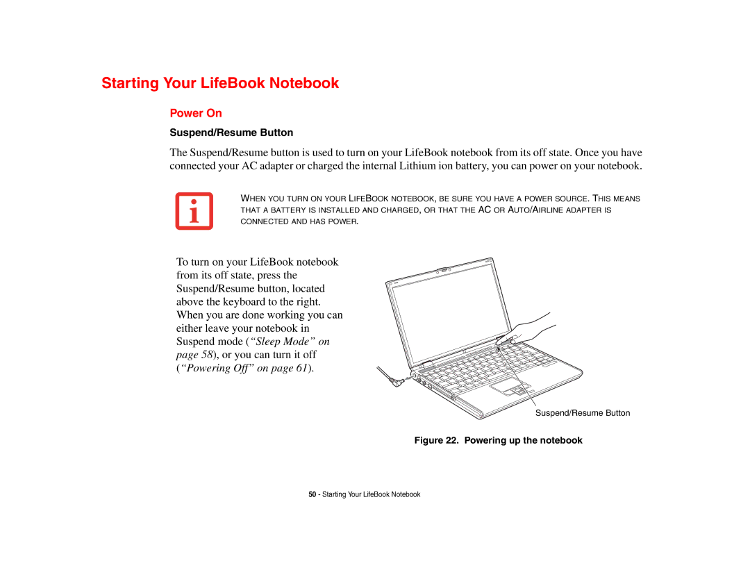 Fujitsu Siemens Computers B6230 notebook manual Starting Your LifeBook Notebook, Power On 