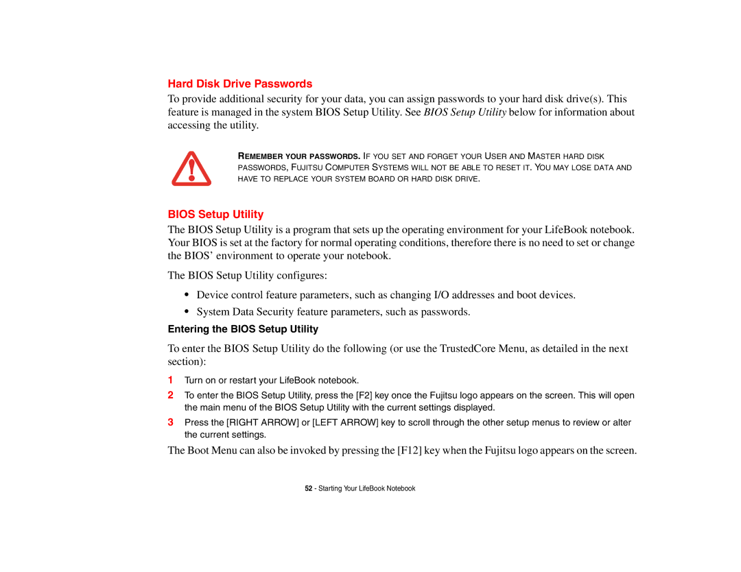 Fujitsu Siemens Computers B6230 notebook manual Hard Disk Drive Passwords, Bios Setup Utility 