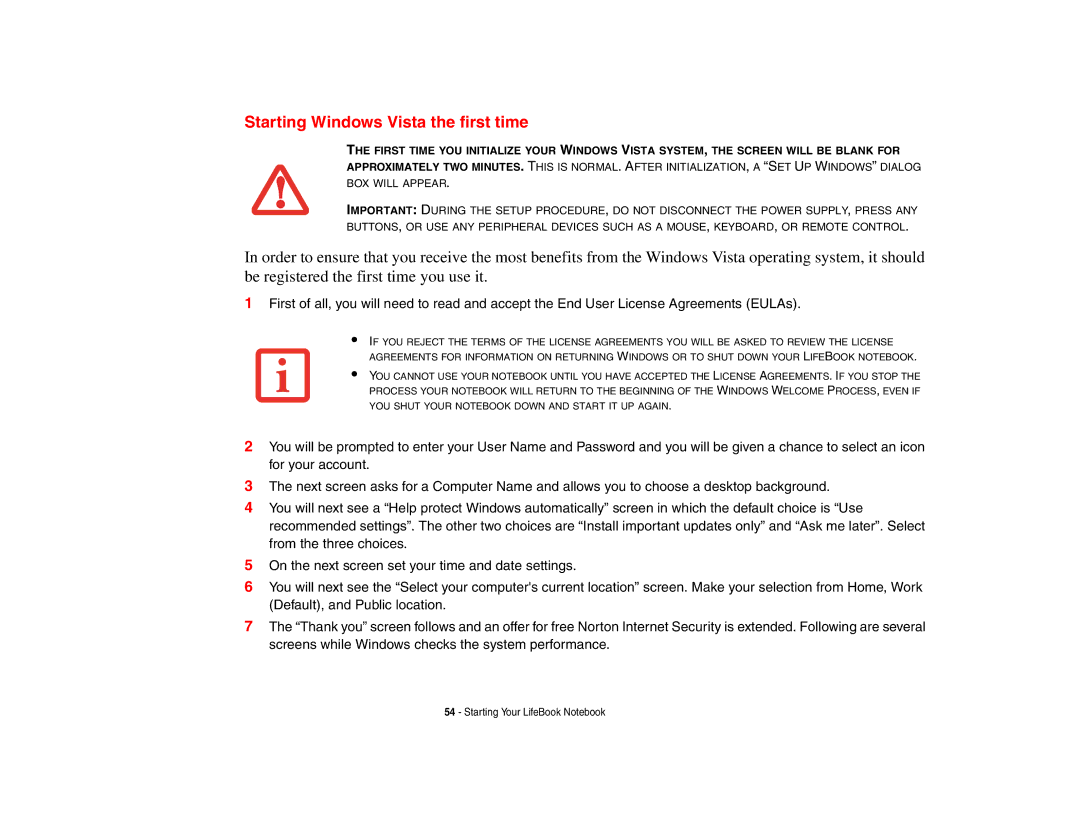 Fujitsu Siemens Computers B6230 notebook manual Starting Windows Vista the first time 