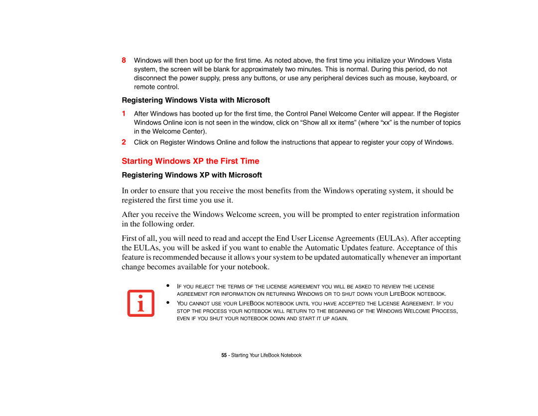 Fujitsu Siemens Computers B6230 notebook Starting Windows XP the First Time, Registering Windows Vista with Microsoft 