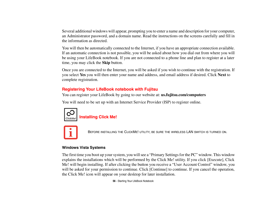 Fujitsu Siemens Computers B6230 notebook manual Registering Your LifeBook notebook with Fujitsu, Installing Click Me 