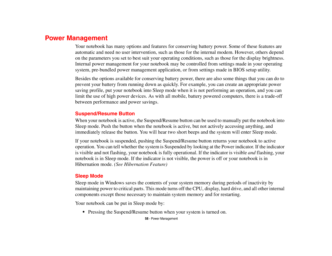 Fujitsu Siemens Computers B6230 notebook manual Power Management, Suspend/Resume Button, Sleep Mode 