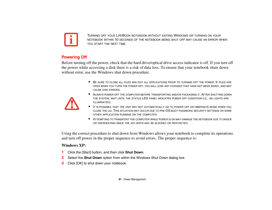 Fujitsu Siemens Computers B6230 notebook manual Powering Off 