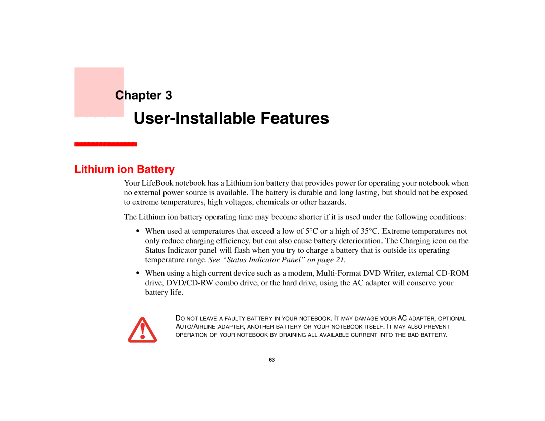 Fujitsu Siemens Computers B6230 notebook manual User-Installable Features, Lithium ion Battery 