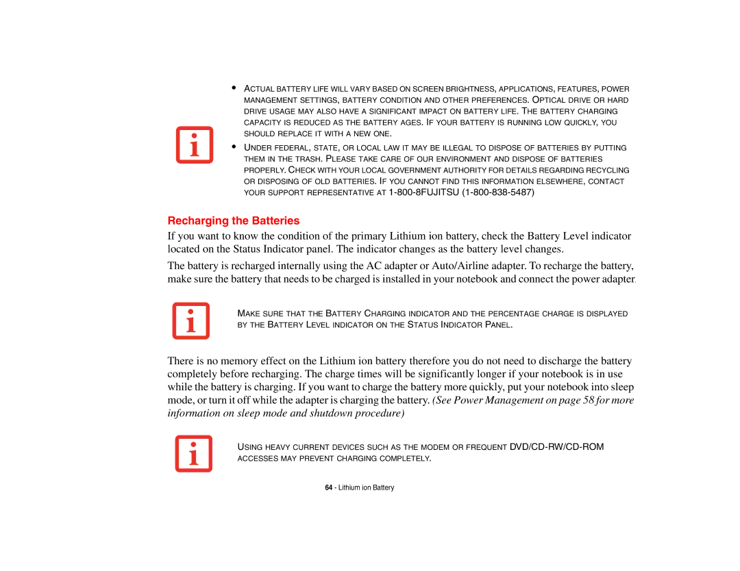 Fujitsu Siemens Computers B6230 notebook manual Recharging the Batteries 