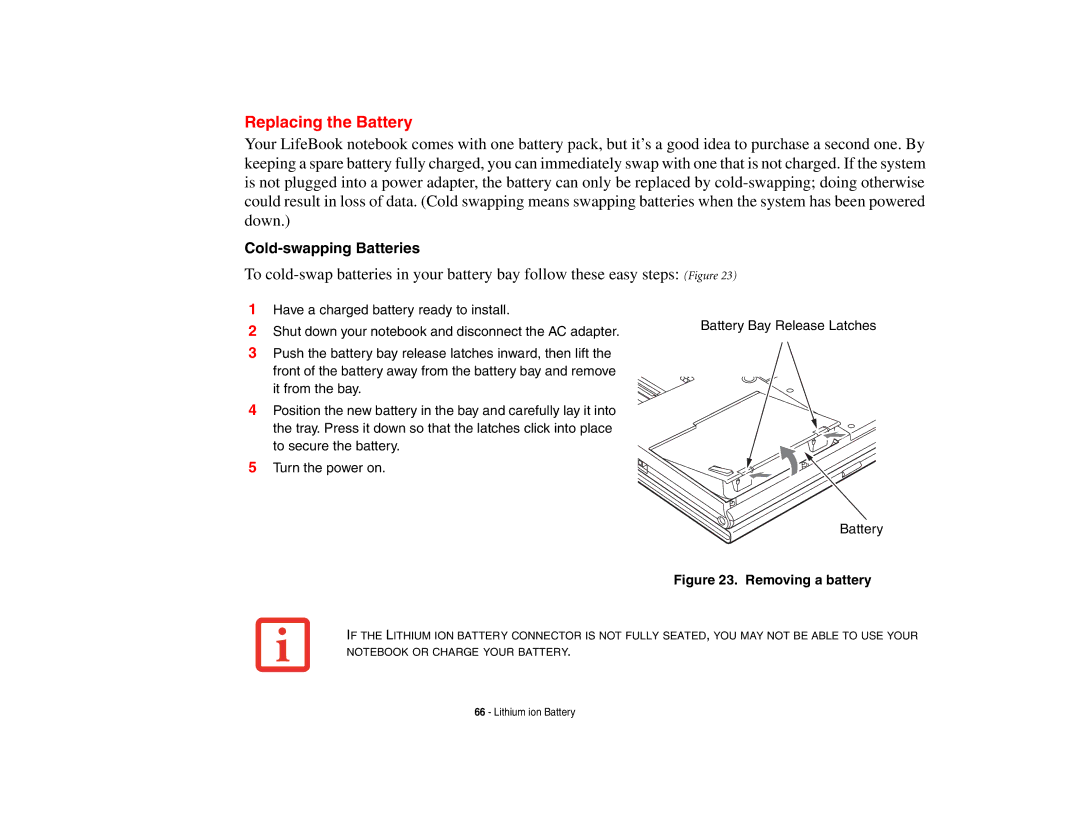 Fujitsu Siemens Computers B6230 notebook manual Replacing the Battery, Removing a battery 