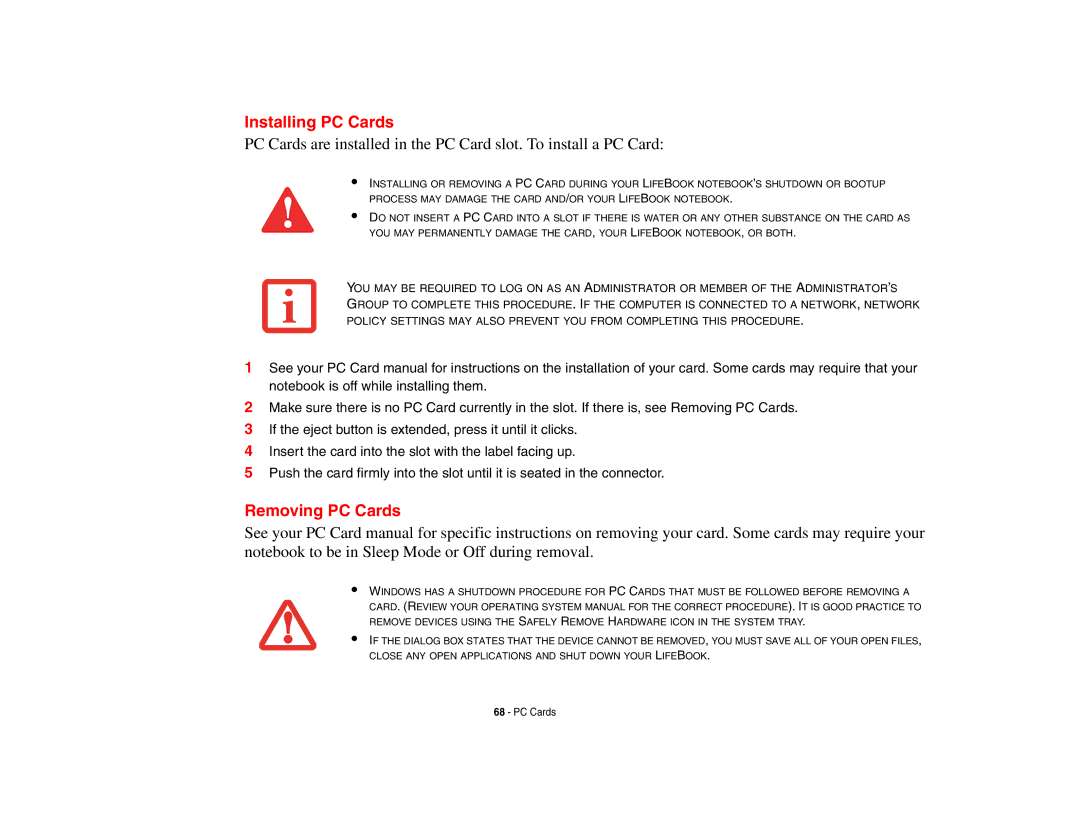 Fujitsu Siemens Computers B6230 notebook manual Installing PC Cards, Removing PC Cards 