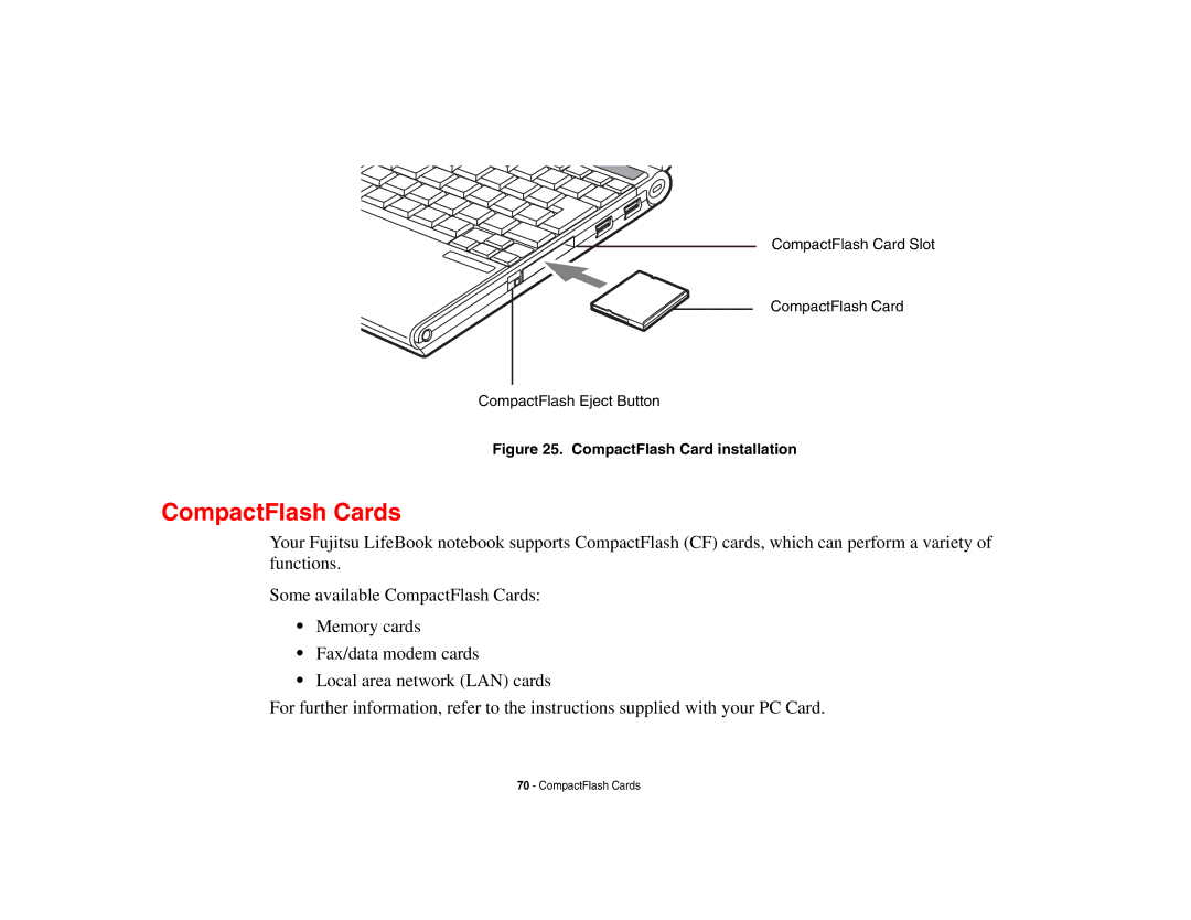 Fujitsu Siemens Computers B6230 notebook manual CompactFlash Cards, CompactFlash Card installation 