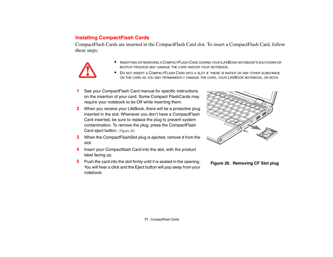 Fujitsu Siemens Computers B6230 notebook manual Installing CompactFlash Cards, Removing CF Slot plug 