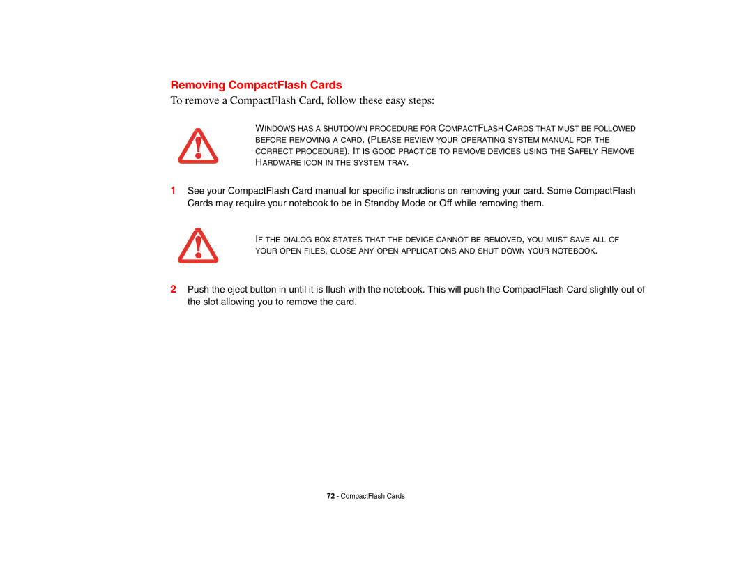 Fujitsu Siemens Computers B6230 notebook manual Removing CompactFlash Cards 