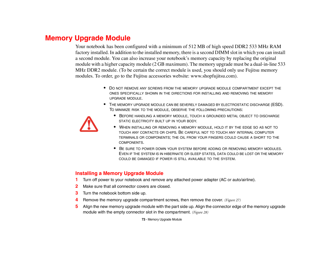 Fujitsu Siemens Computers B6230 notebook manual Installing a Memory Upgrade Module 