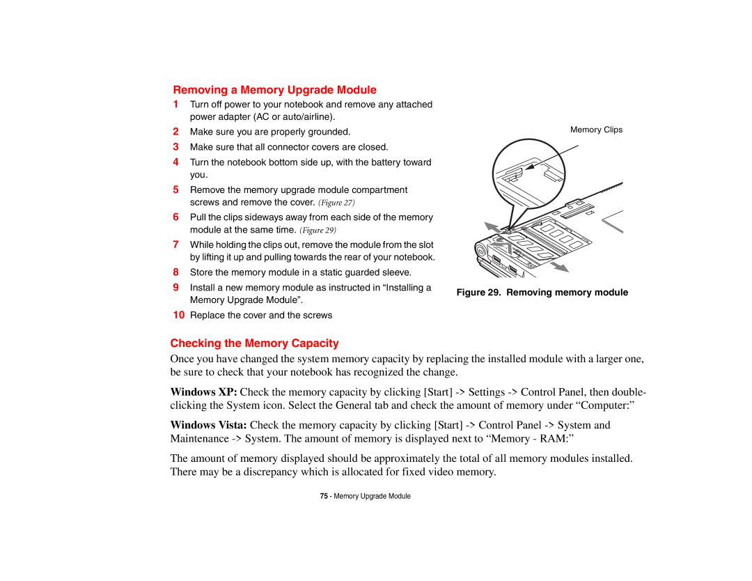 Fujitsu Siemens Computers B6230 notebook manual Removing a Memory Upgrade Module, Checking the Memory Capacity 