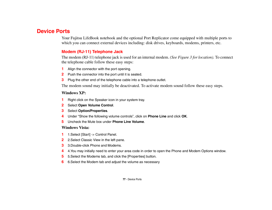 Fujitsu Siemens Computers B6230 notebook manual Device Ports, Modem RJ-11 Telephone Jack 