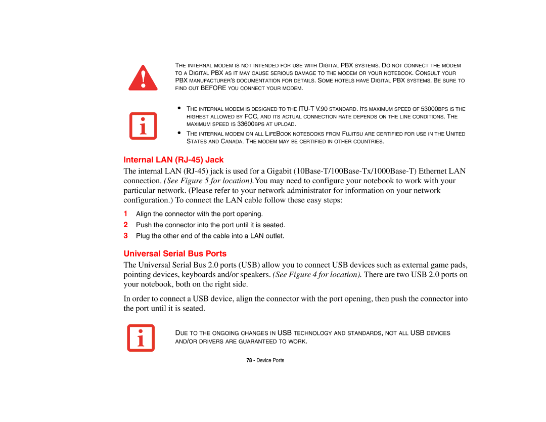 Fujitsu Siemens Computers B6230 notebook manual Internal LAN RJ-45 Jack, Universal Serial Bus Ports 