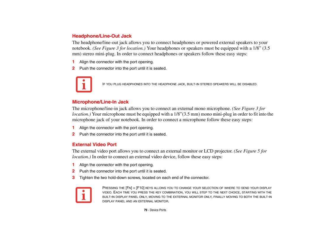 Fujitsu Siemens Computers B6230 notebook manual Headphone/Line-Out Jack, Microphone/Line-In Jack, External Video Port 