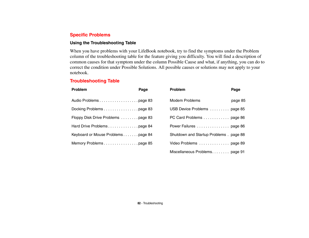 Fujitsu Siemens Computers B6230 notebook manual Specific Problems, Troubleshooting Table 