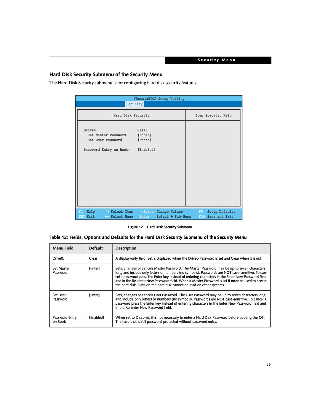 Fujitsu Siemens Computers B6230 manual Hard Disk Security Submenu of the Security Menu, Main, Advanced, ESC Exit, Enter 