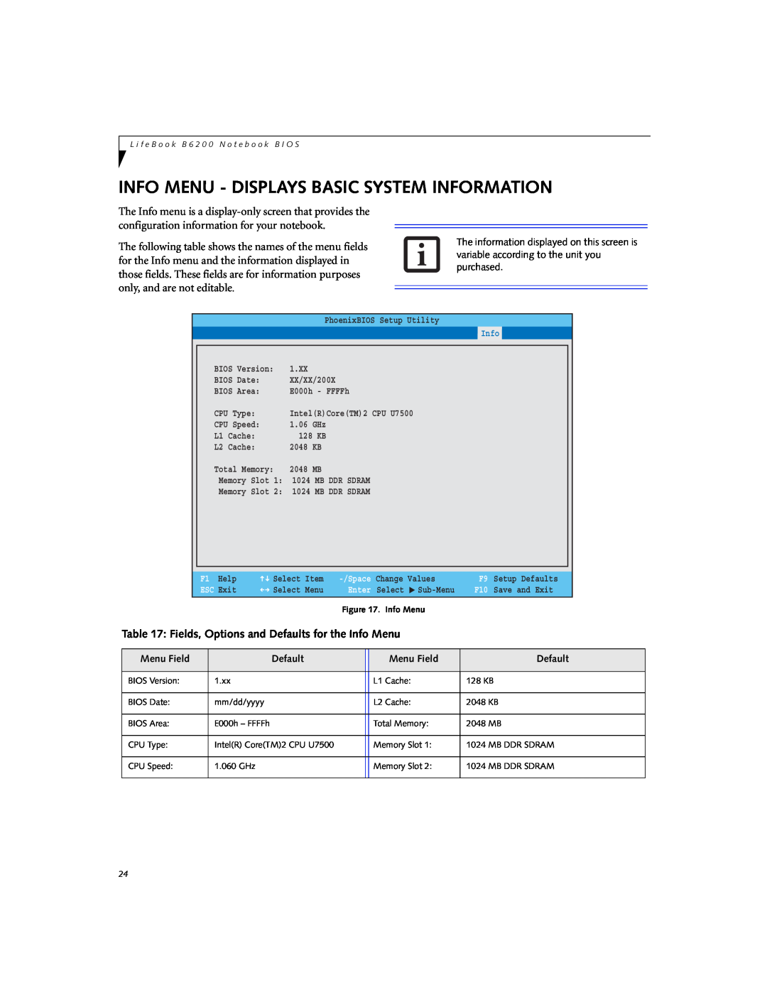 Fujitsu Siemens Computers B6230 manual Info Menu - Displays Basic System Information 