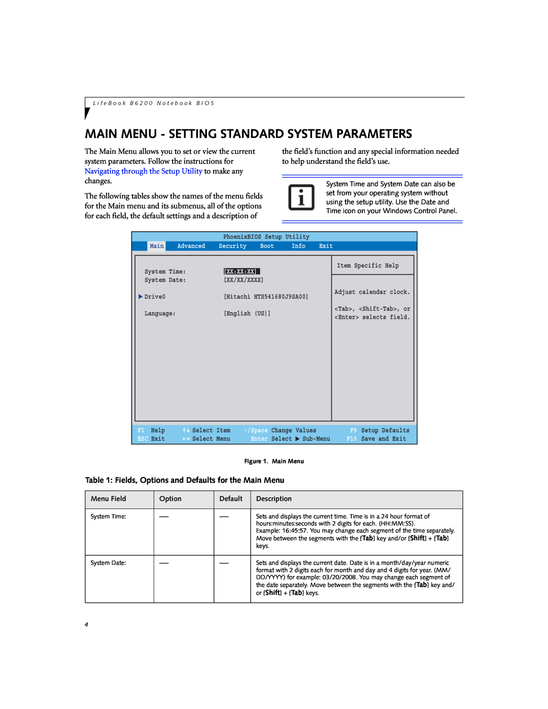 Fujitsu Siemens Computers B6230 manual Main Menu - Setting Standard System Parameters 