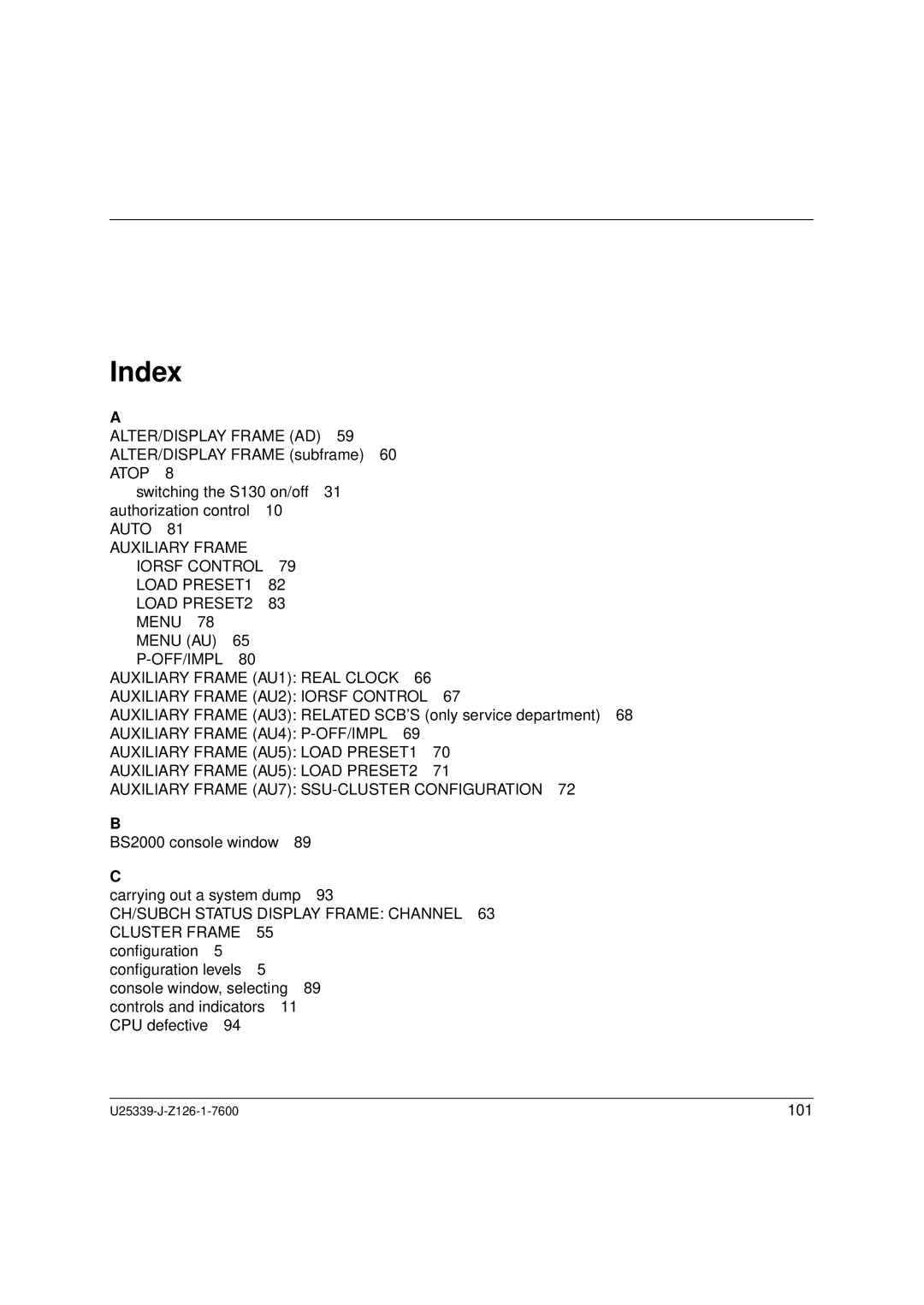 Fujitsu Siemens Computers BS2000/OSD manual Index, ALTER/DISPLAY Frame AD, Atop, CH/SUBCH Status Display Frame Channel 