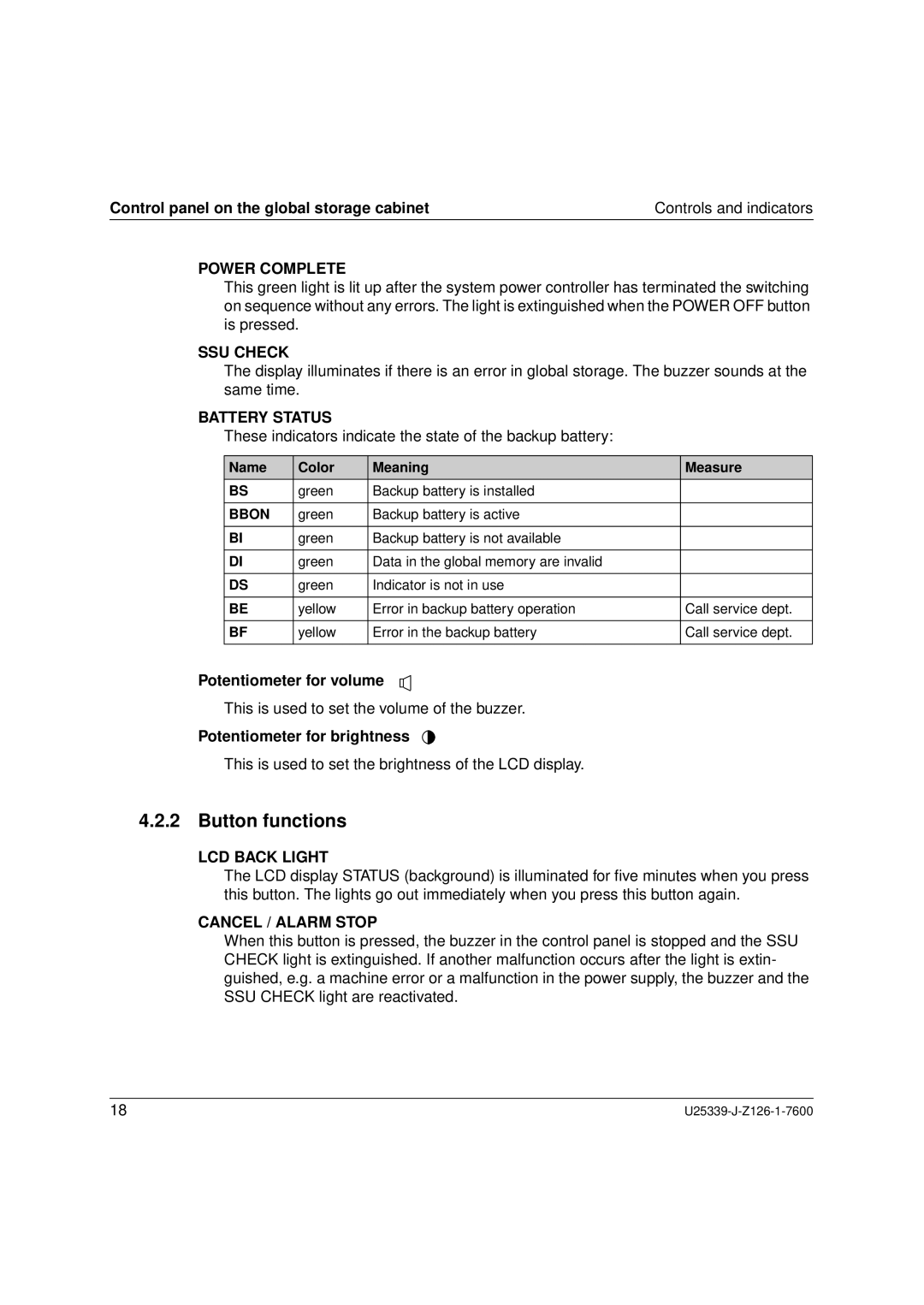 Fujitsu Siemens Computers BS2000/OSD SSU Check, Battery Status, These indicators indicate the state of the backup battery 