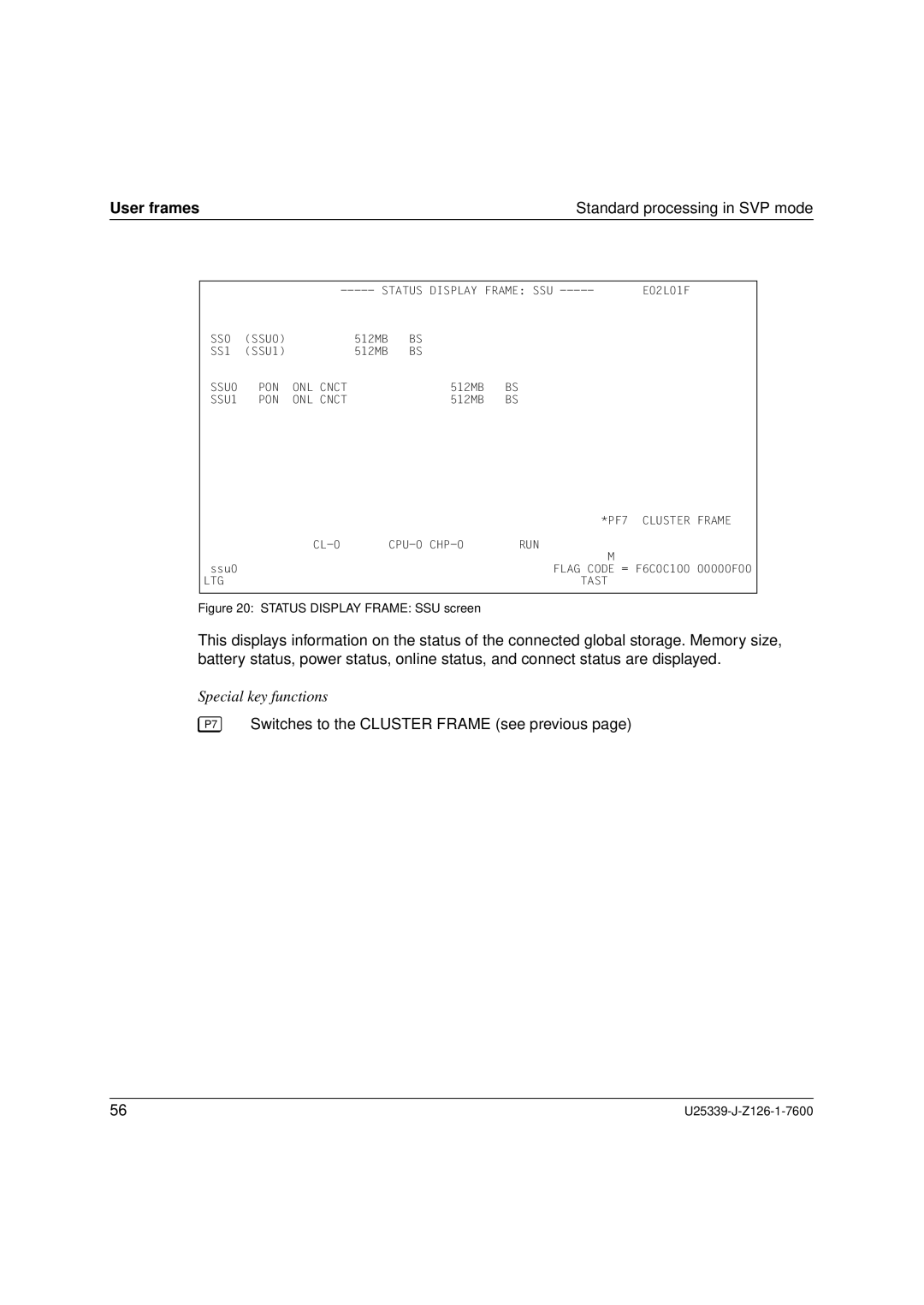 Fujitsu Siemens Computers BS2000/OSD manual P7 Switches to the Cluster Frame see previous, Status Display Frame SSU screen 