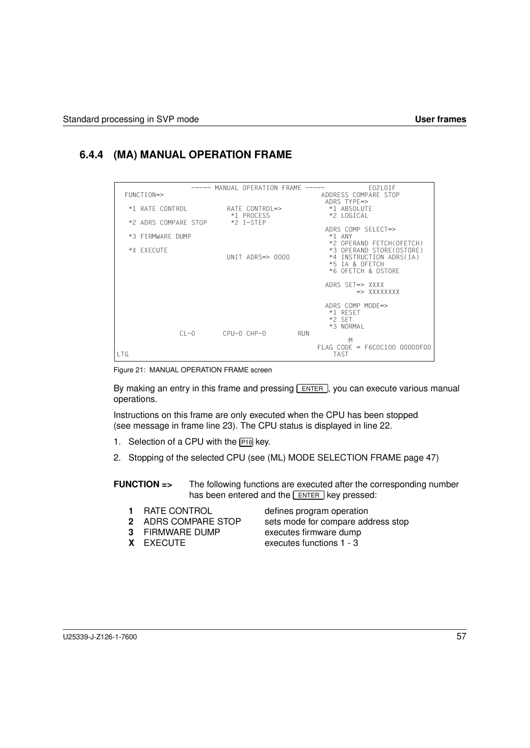 Fujitsu Siemens Computers BS2000/OSD MA Manual Operation Frame, Rate Control, Adrs Compare Stop, Firmware Dump, Execute 