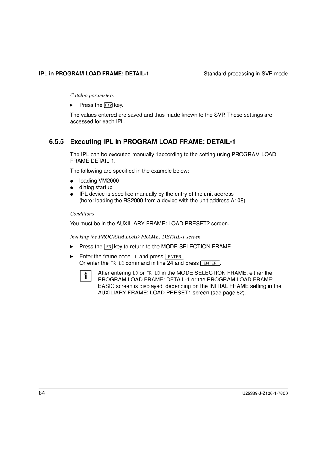 Fujitsu Siemens Computers BS2000/OSD manual Executing IPL in Program Load Frame DETAIL-1 